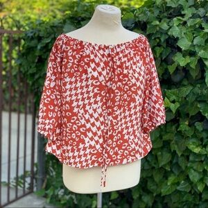 Red And White Pattern Print Off Shoulder Blouse